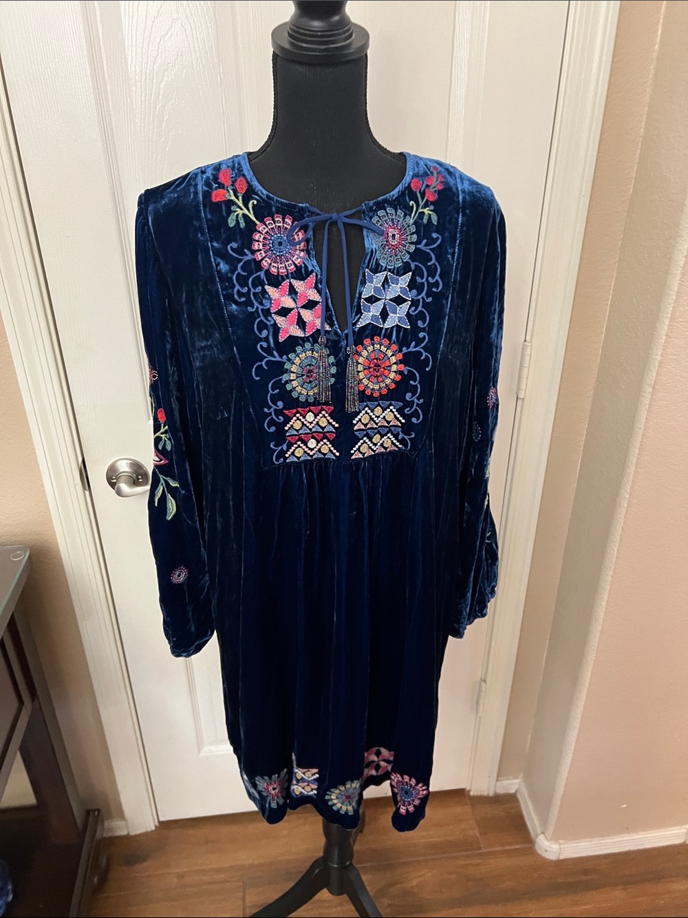 Johnny Was Navy Blue Velvet Embroidered High-Low Dress